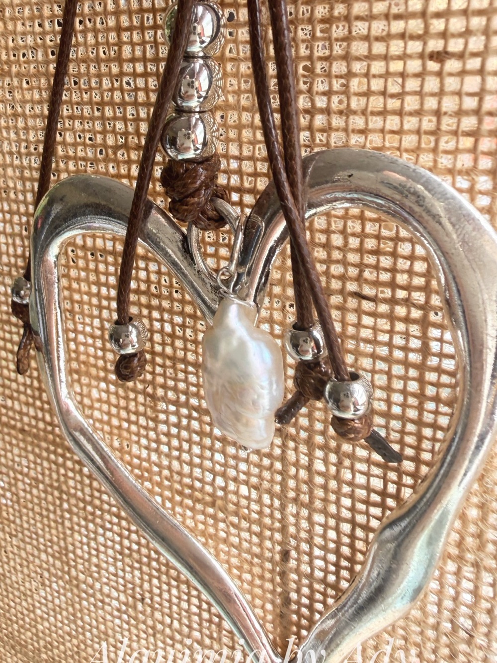 Silver Heart Pendant Necklace with baroque Pearl and Brown Cord